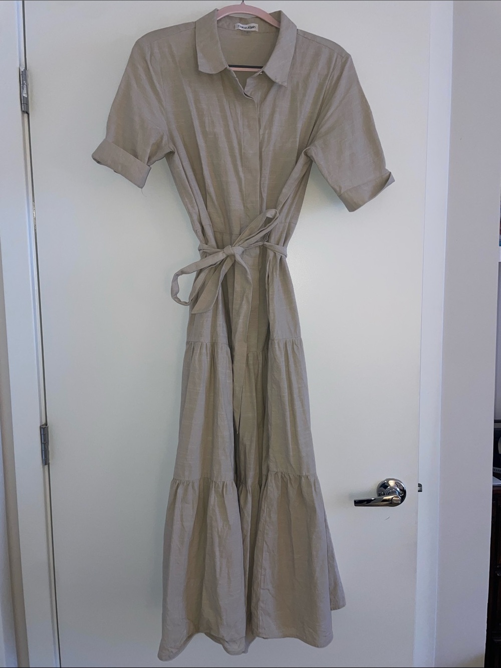 Calvin Klein Light Taupe Maxi Shirt Dress with Tie Waist